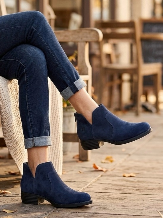 Born Shoes - Born Distressed Blue Suede Ankle Booties Low Heel Casual Western 7M (Fits Long)